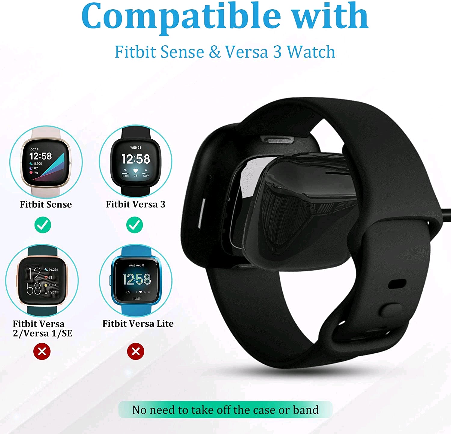 Wireless Charging Dock for Fitbit Sense, Versa 3, and Versa 4 - USB Fast Charging Cable