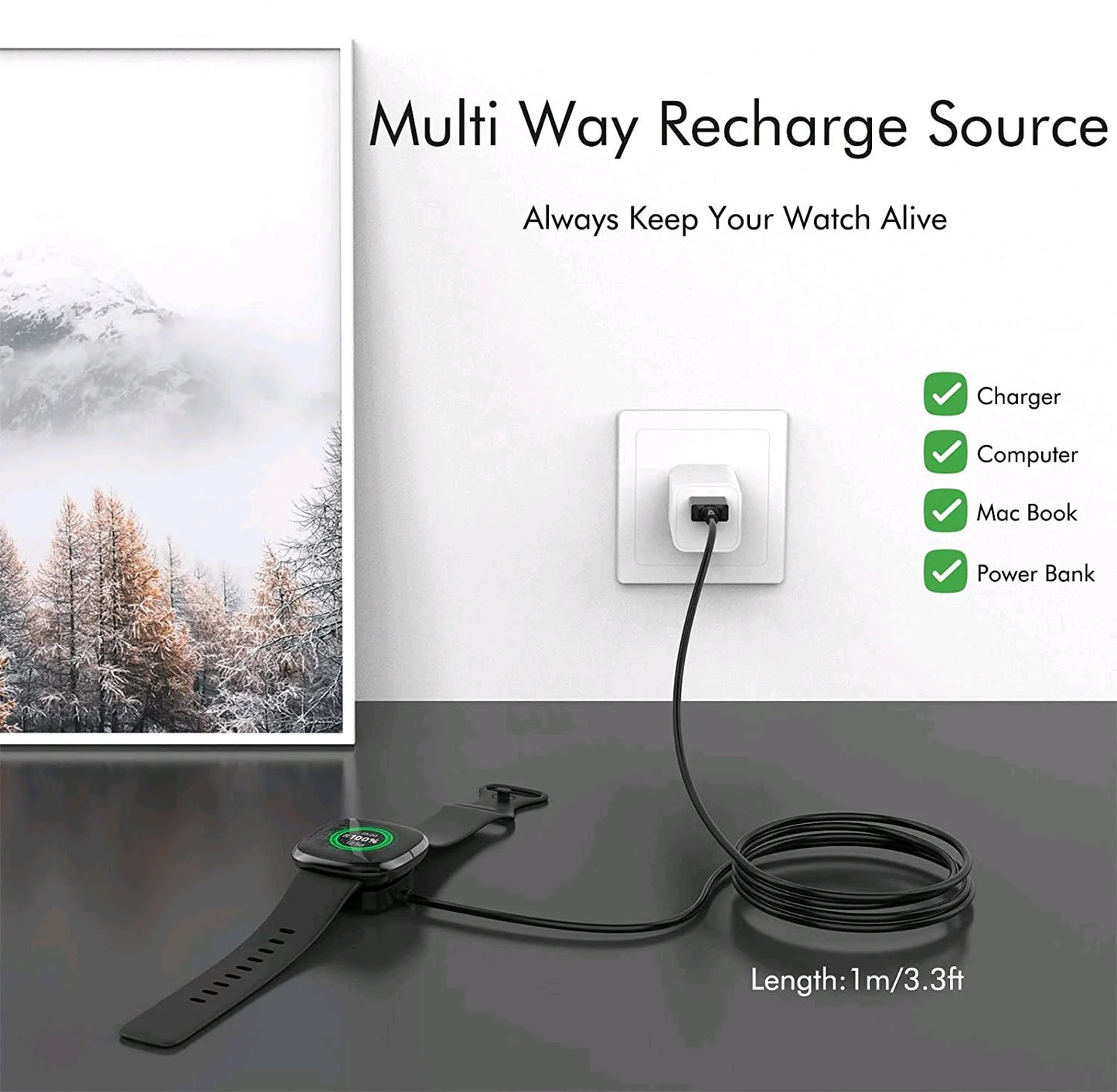 Wireless Charging Dock for Fitbit Sense, Versa 3, and Versa 4 - USB Fast Charging Cable