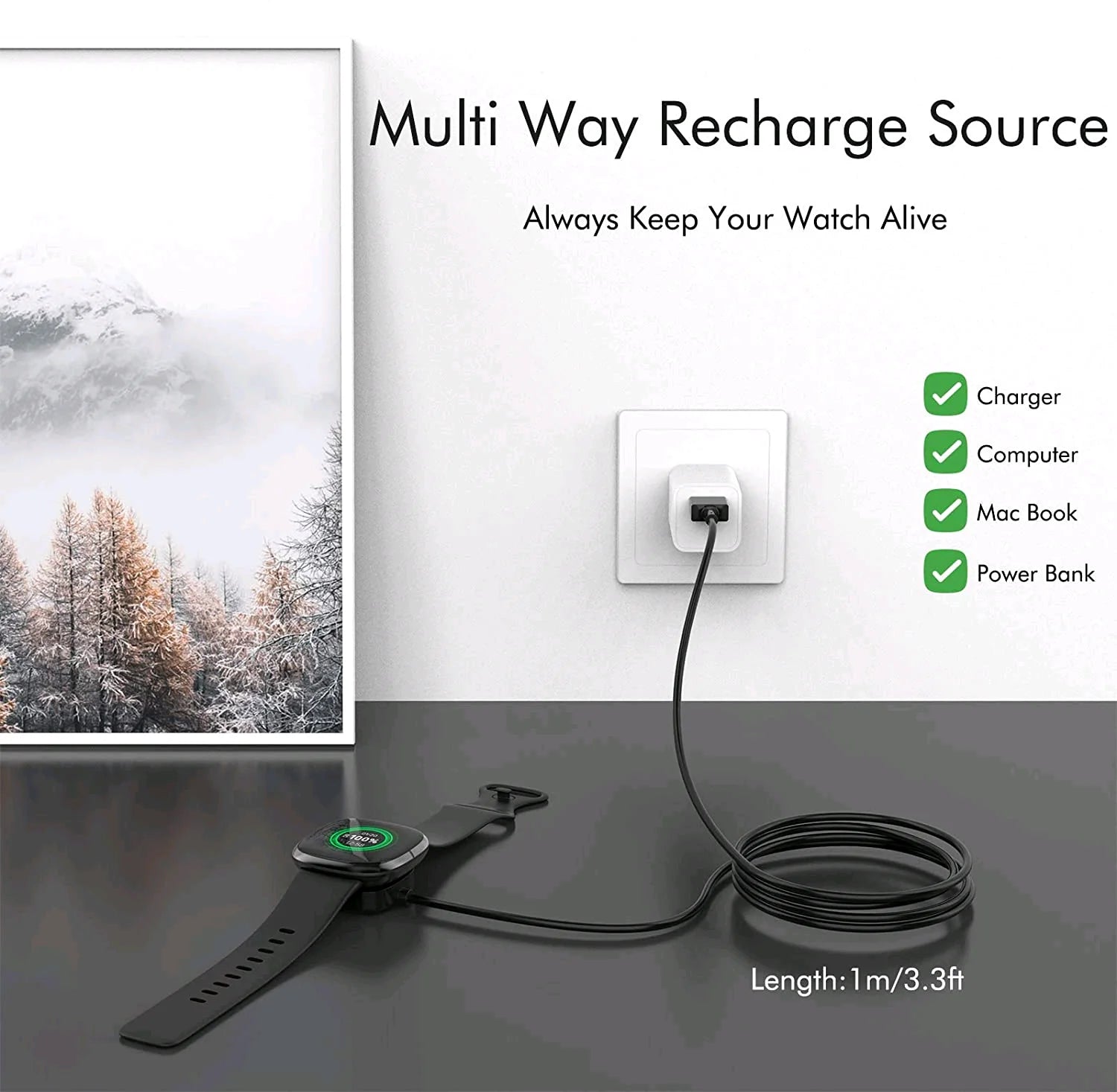 Wireless Charging Dock for Fitbit Sense, Versa 3, and Versa 4 - USB Fast Charging Cable